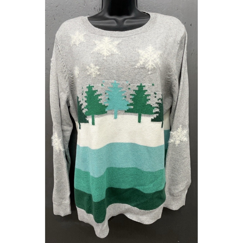 Talbots Sweater XL Gray Green Snowflake Stripe Winter Holiday Christmas Soft